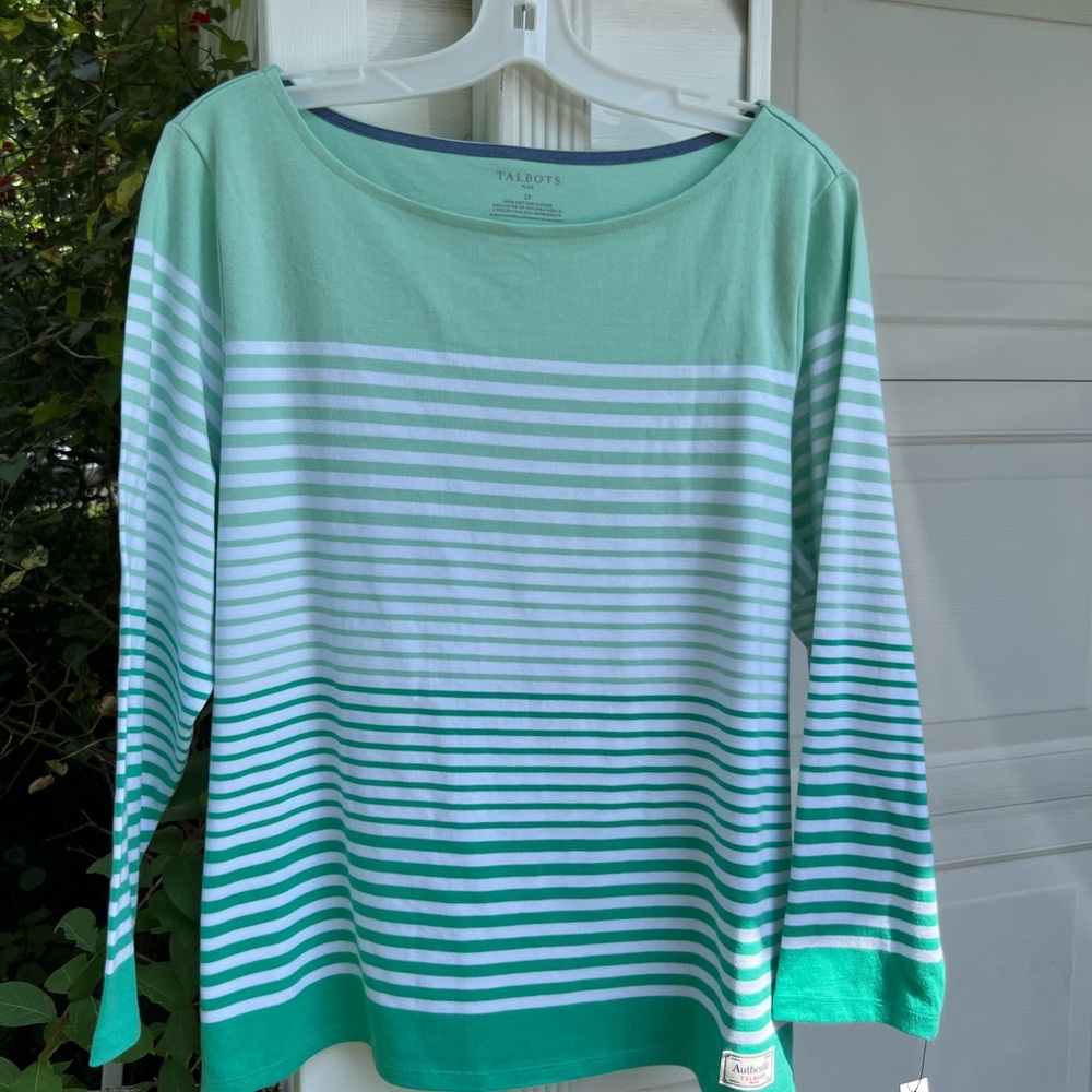 NWT Talbots Pretty White Greens Ballet Neck 100% Cotton Top